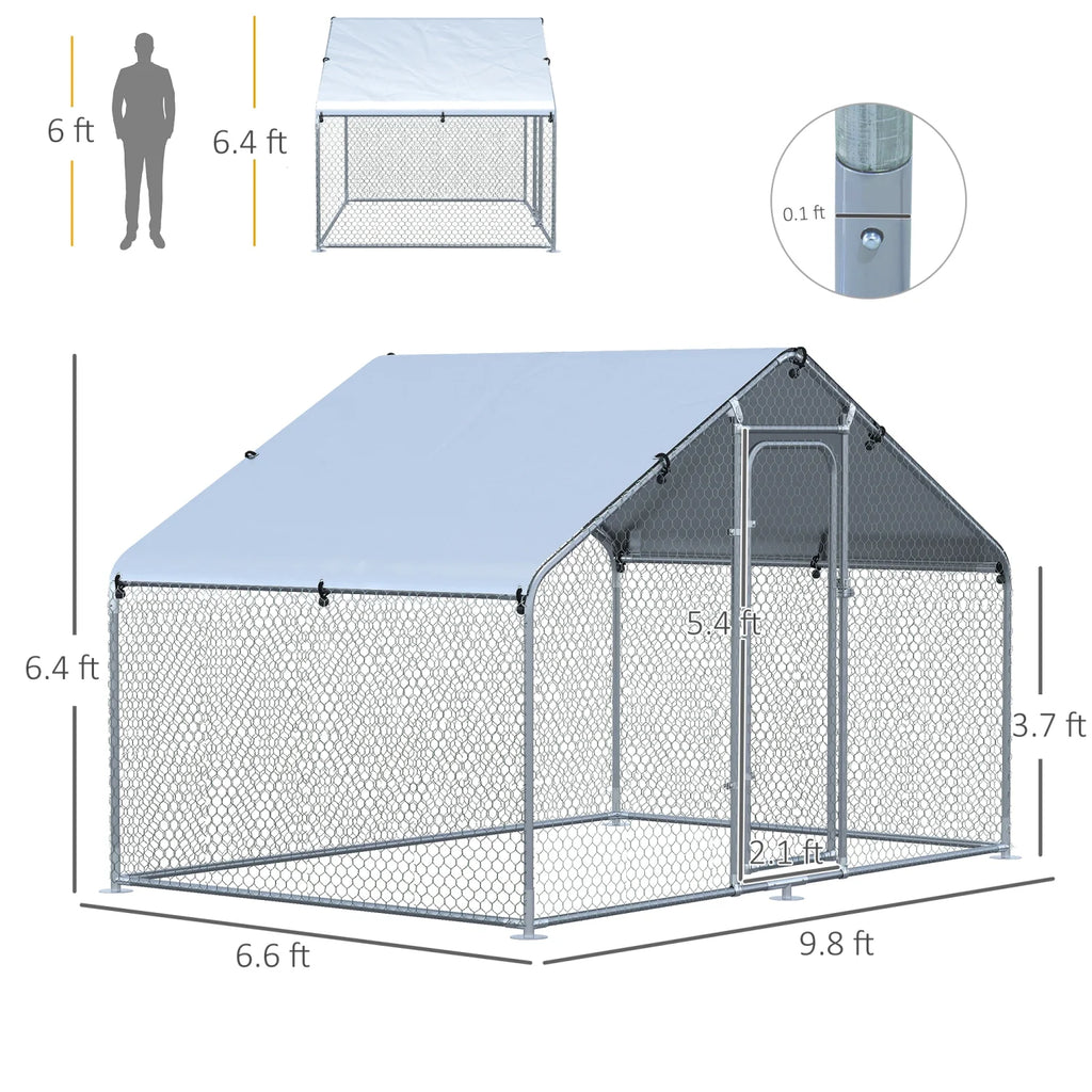 GFVCNIO PawHut Large Coop Metal Run with Waterproof and Anti-UV Cover Spire Shaped Walk-in Fence Cage Hen House for Outdoor and Yard Farm Use 1.26” Tube Diameter 9.8' x 6.6' x 6.4'
