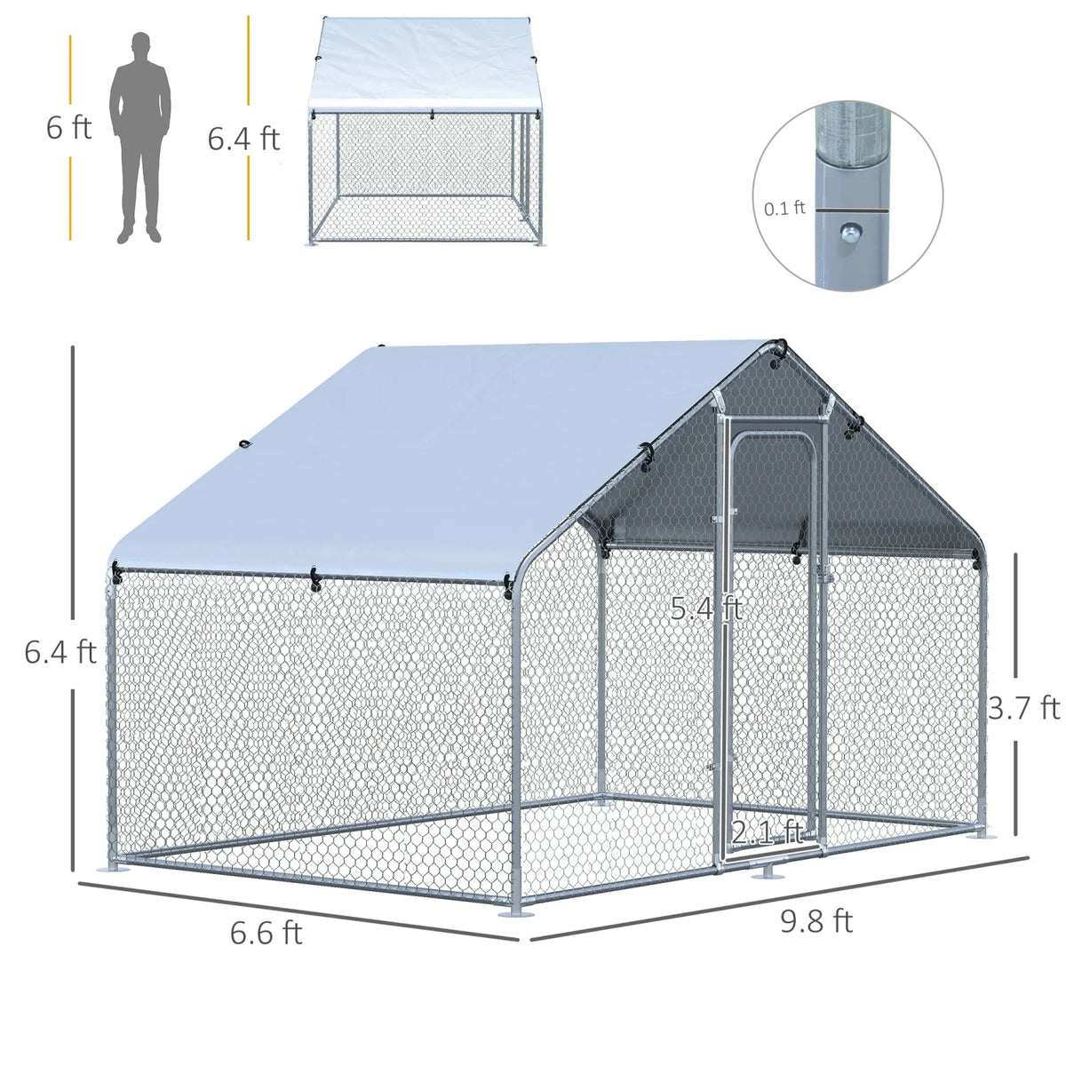 GFVCNIO PawHut Large Coop Metal Run with Waterproof and Anti-UV Cover Spire Shaped Walk-in Fence Cage Hen House for Outdoor and Yard Farm Use 1.26” Tube Diameter 9.8' x 6.6' x 6.4'