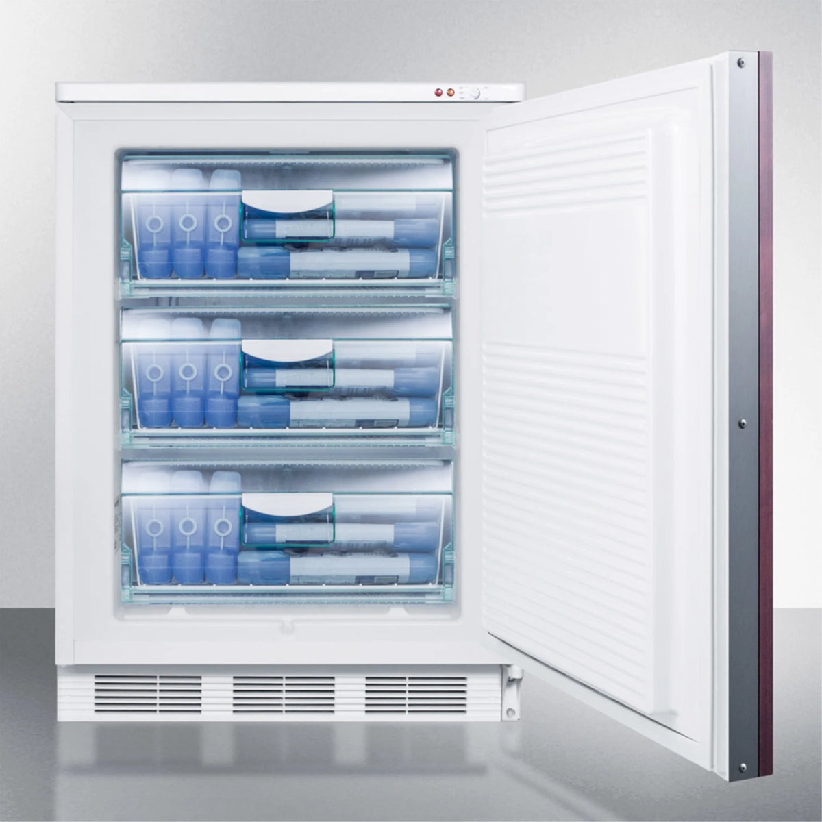 Built-in medical all-freezer with lock, capable of -25 C operation; door accepts custom overlay panels