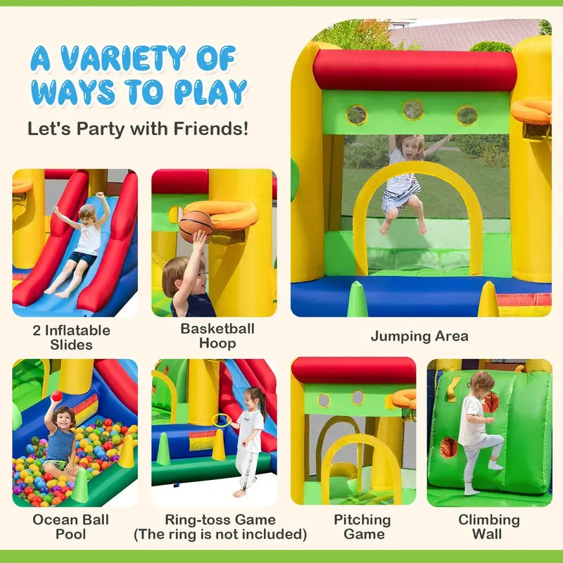 Costway Rainbow Kids Inflatable Bounce House  Includes 50 Ocean Balls & 735W Blower