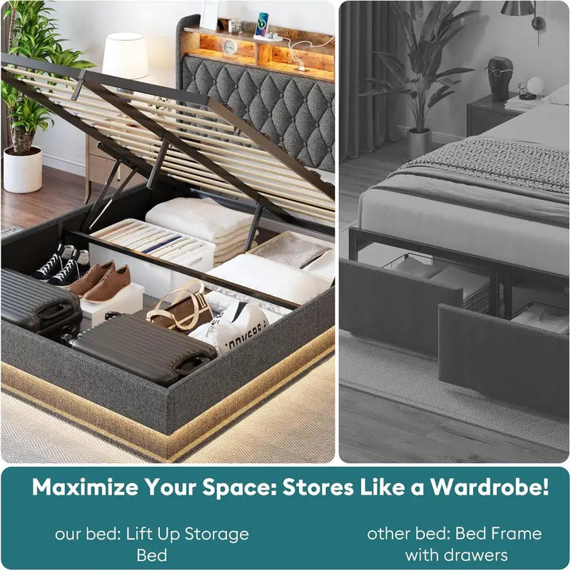 Upholstered Lift-Up Queen Platform Bed – Storage-Friendly Headboard Design, No Box Spring Needed