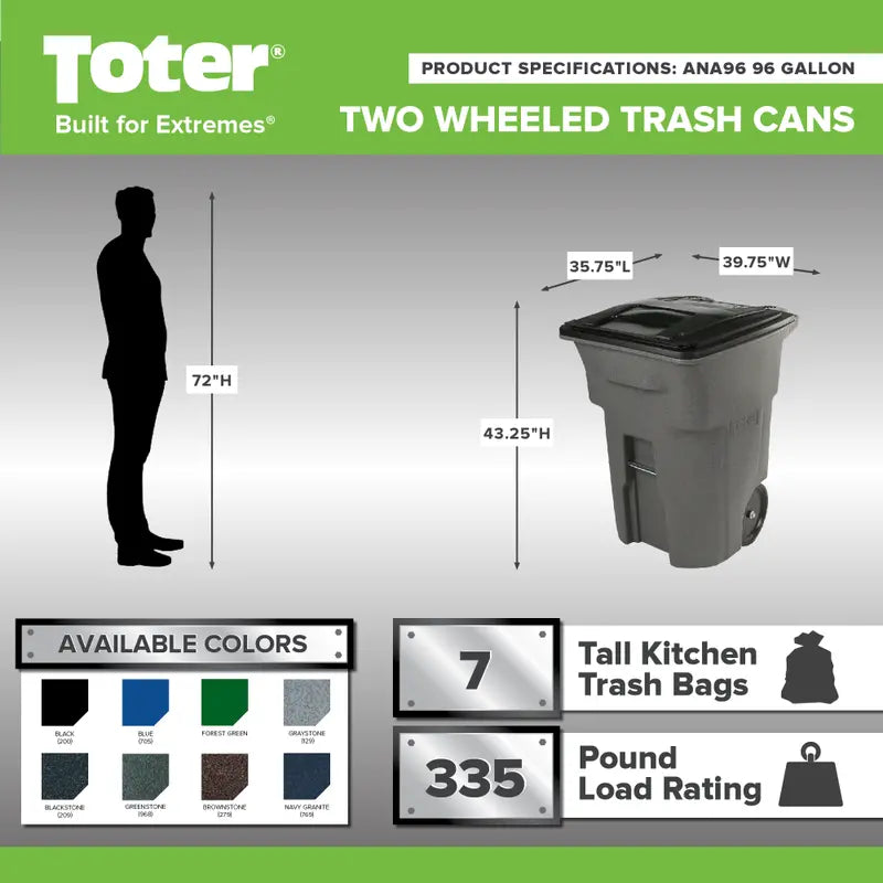 Toter 96-Gallon Heavy-Duty Trash Can – Smooth-Rolling Wheels, Secure Lid, Residential & Commercial Use