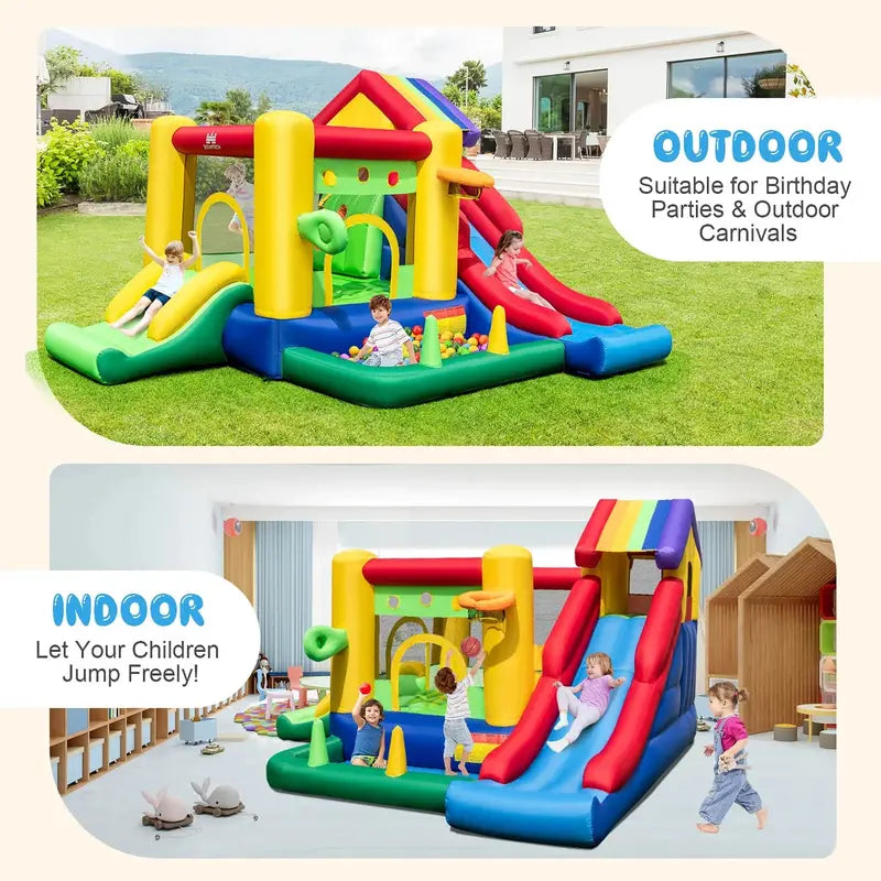 Costway Rainbow Kids Inflatable Bounce House  Includes 50 Ocean Balls & 735W Blower