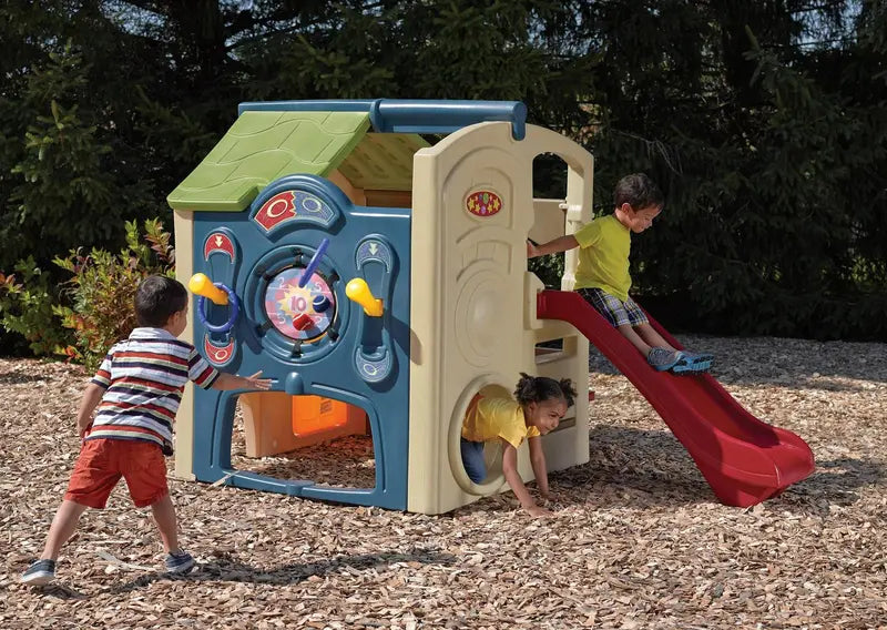 Step2 Neighborhood Fun Center – Outdoor Brown Plastic Playhouse with Slide for Kids