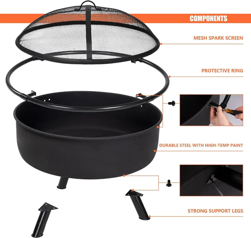 SUNCREAT 42″ Wood-Burning Patio Fire Pit with Spark Screen & Fireplace Poker – Heavy-Duty Black Outdoor Bonfire Unit