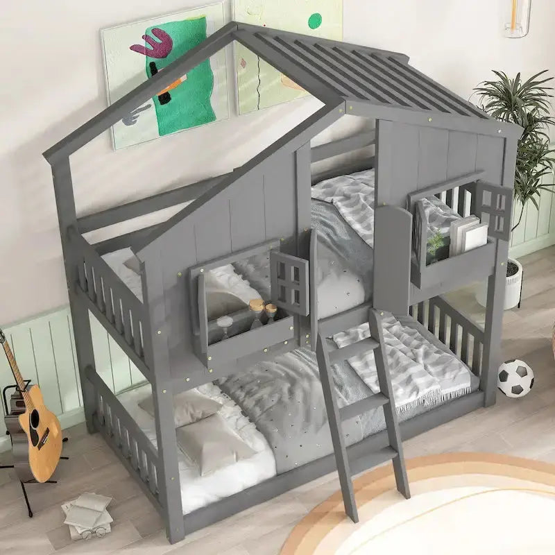 Twin-over-Twin Playhouse-Style Bunk Bed – Grey with Roof, Window & Safety Rails