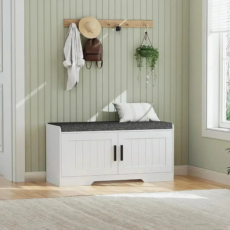 Two-Tier Entryway Bench with Thick Padded Seat & Shoe Storage – Modern Hallway Organizer