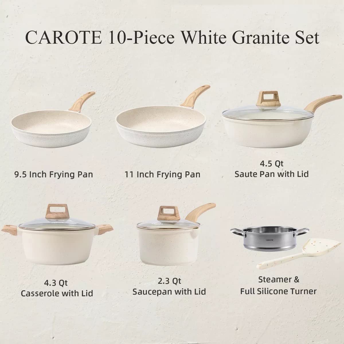 CAROTE C01520 Pots and Pans Set Nonstick . White Granite Induction Kitchen Cookware Sets . 10 Pcs Non Stick Cooking Set w/ Frying Pans and Saucepans(PFOS  . PFOA Free)