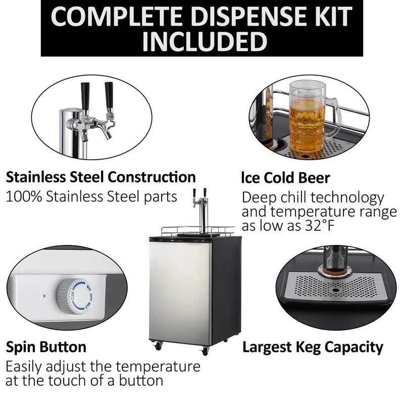 Dual-Tap Kegerator  Full-Size Stainless Steel Draft Beer Dispenser with CO2 Tank and Precision Temp Control (32 F 0 F)