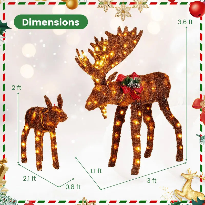 Two-Light-Up Christmas Moose Figures — Family-Themed Deer Decor with 170 Warm White LEDs