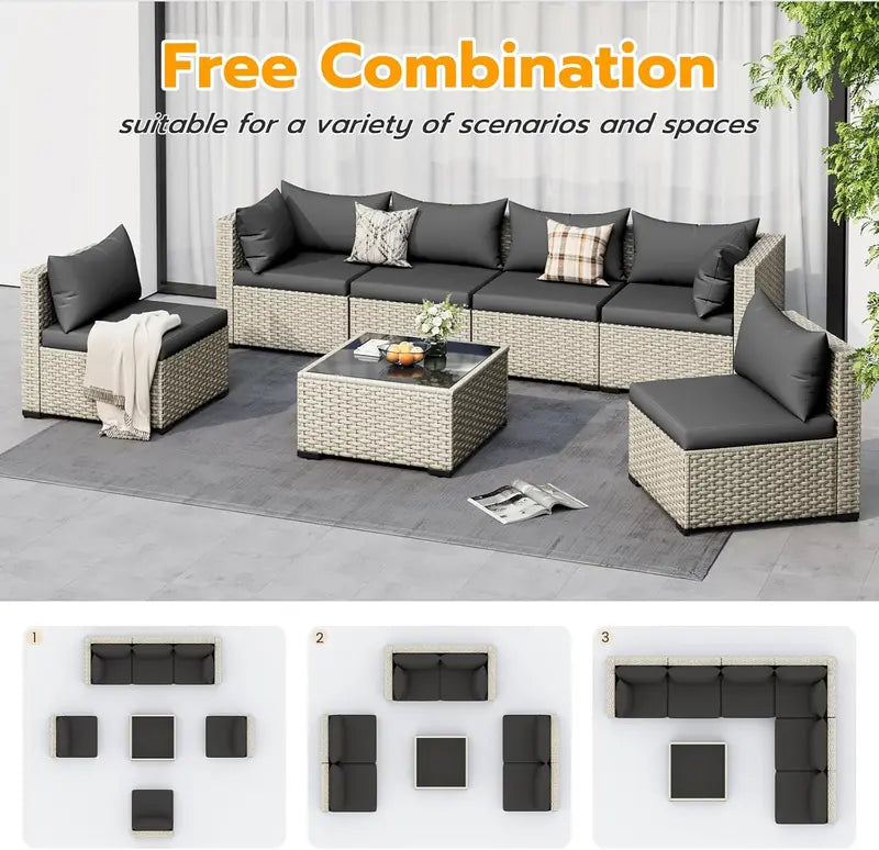 UDPATIO 7-Piece PE Wicker Patio Set – Outdoor Sectional Sofa with Tea Table, Green Finish