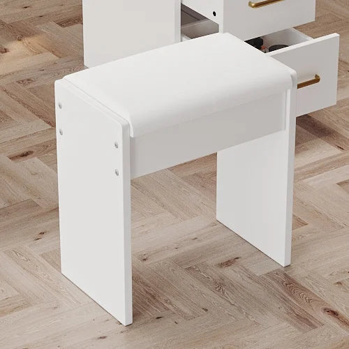 UGTOO 58.3" White Vanity Desk with Mirror, Adjustable Lighting, Power Outlet, Drawers, with Stool