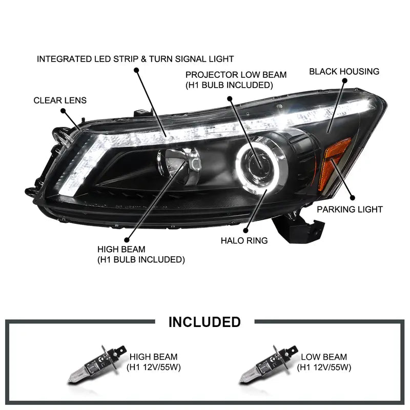 Spec-D Tuning Black Halo Projector LED Turn Signal Headlights Lamps Compatible with 2008-2012 Honda Accord 4Door Sedan Left + Right Pair Headlamps Assembly