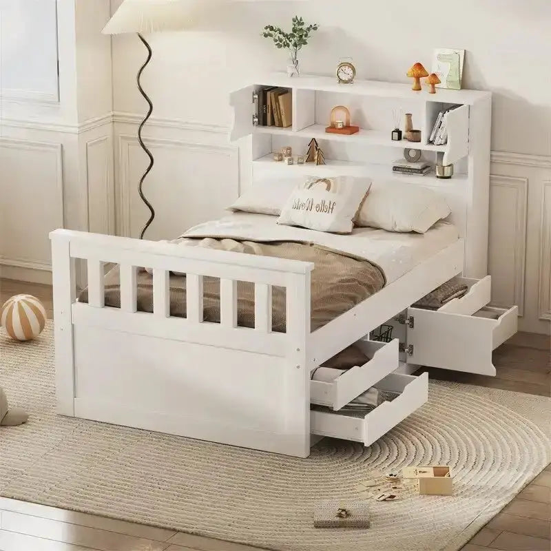 Twin/Full Captain Bed with Storage – Solid Wood Platform Frame Featuring 4 Drawers & Bookcase Headboard