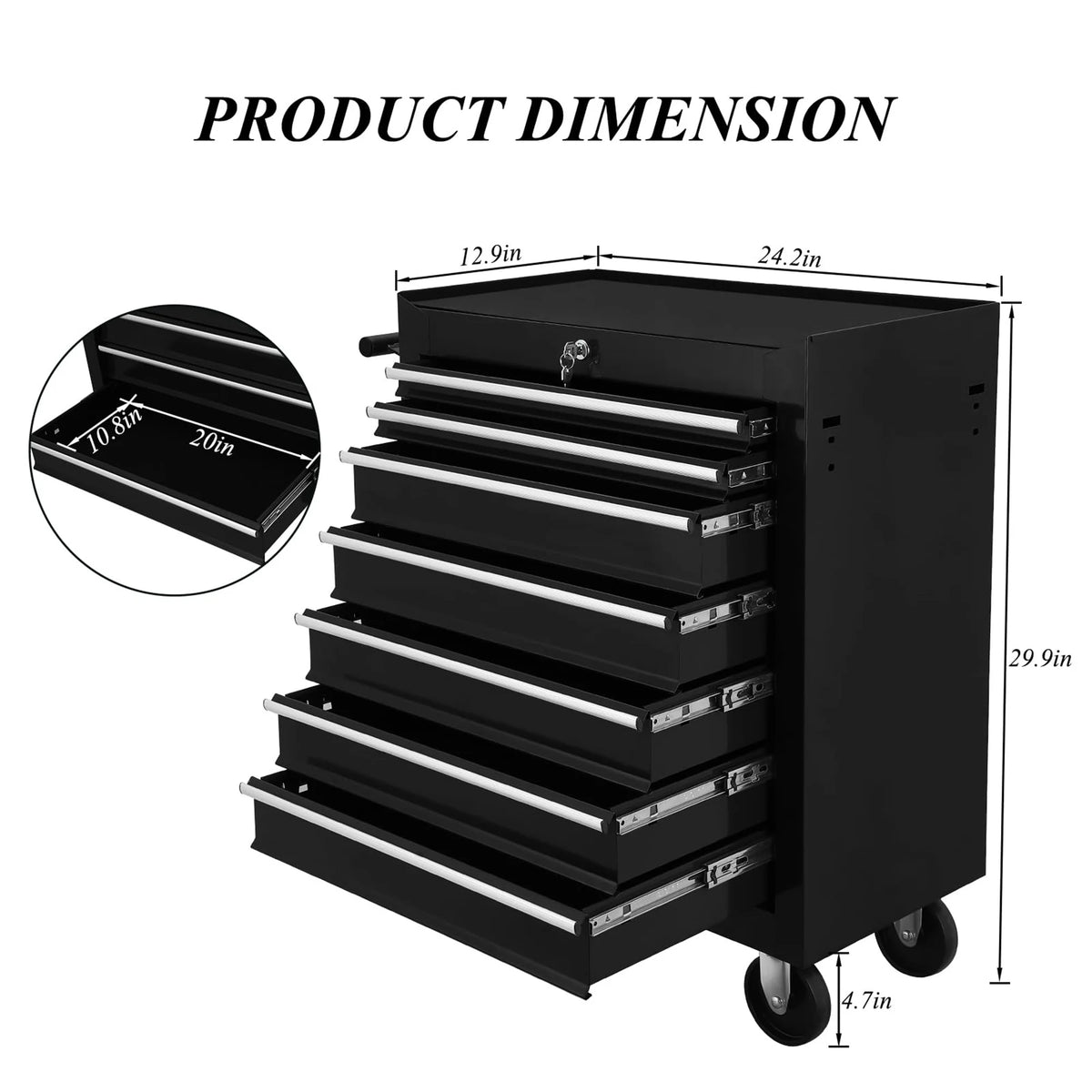 Aukfa Tool Chest, 24.5 in 7 - Drawer Steel Rolling Tool Box on Wheels for Workshop Garage, Red