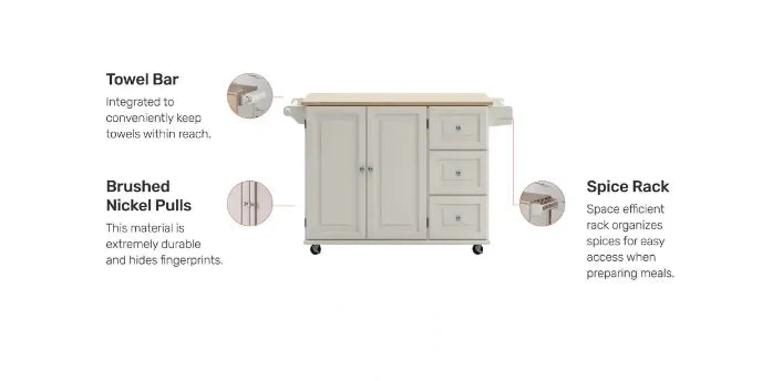 HOMESTYLES Dolly Madison White Kitchen Cart with Natural Wood Top