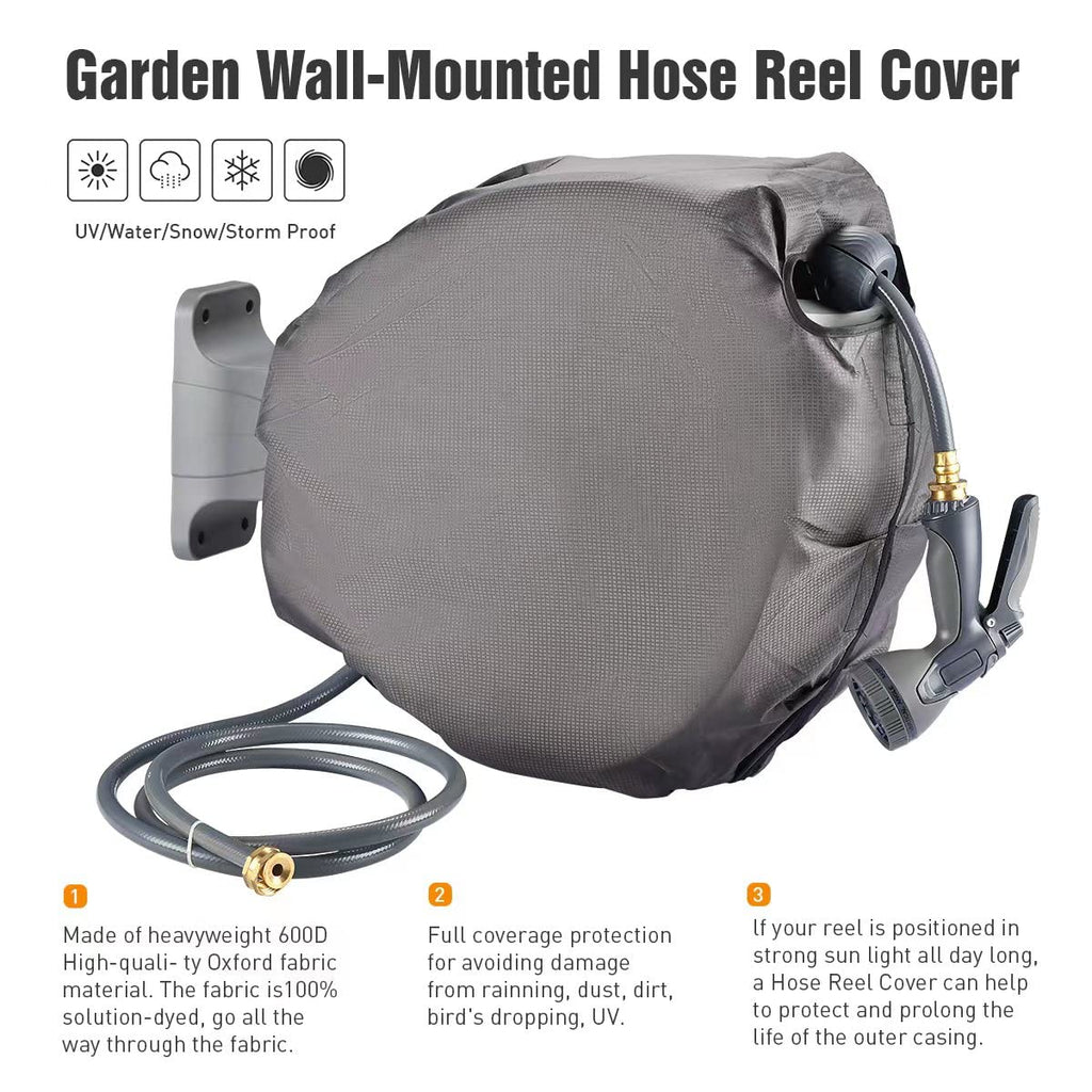 Guitrees Retractable Garden Hose Reel 1/2u201d 115FT+6FT With Cover, Slow Return System, Any Length Lock, Wall Mounted, 9 Function Nozzle and 180u00b0Swivel Bracket (Grey)