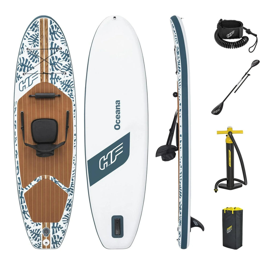 Hydro-Force Oceana 10 Ft. Inflatable Convertible Stand-up Paddle Board and Sit-on Kayak Set . Wood and Palm Print
