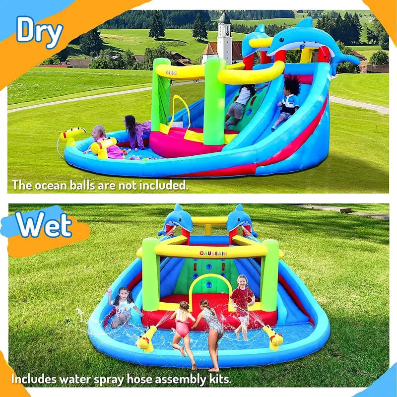 Dolphin Inflatable Water Slide & Bounce House with Double Cannons & Climbing Wall  Kids Backyard Water Park