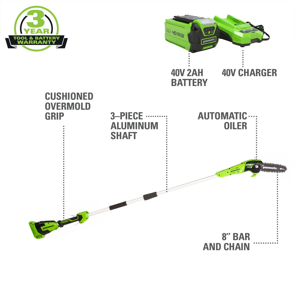 Greenworks 40V 8" Cordless Pole Saw with 2.0 Ah Battery and Charger . 1403702