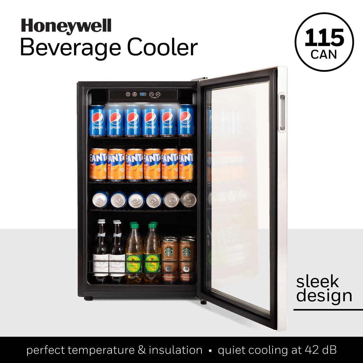 Honeywell Beverage Refrigerator and Cooler, 115 Can Mini Fridge with Glass Door for Soda Beer or Wine for Office or Bar with Adjustable Removable Shelving