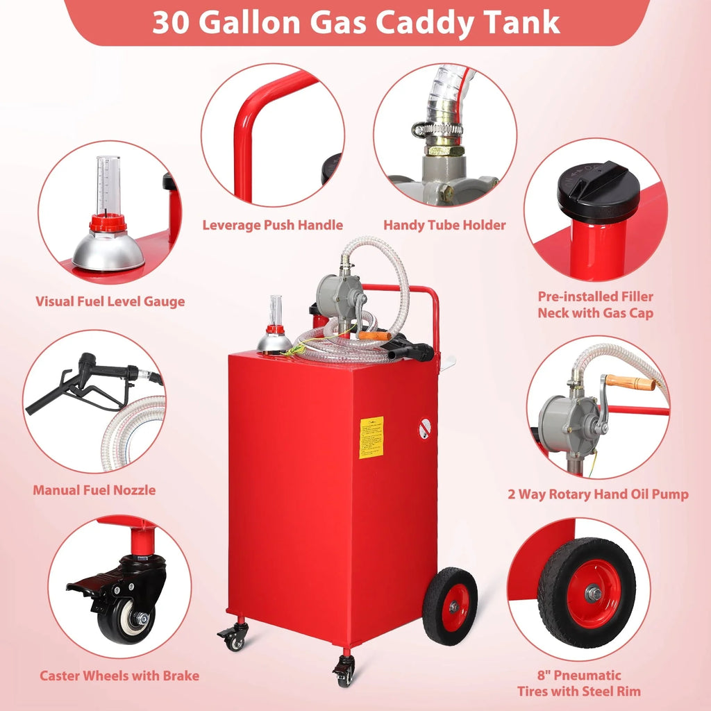 Fuel Caddy, 30 Gallon Portable Gas Storage Tank On 4 Wheels with Manual Transfer Pump, Gasoline Diesel Fuel Container with Manual Transfer Siphon Pump, for Cars, Lawn Mowers, ATVs, Boats