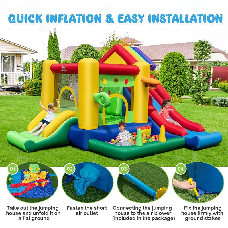 Costway Rainbow Kids Inflatable Bounce House  Includes 50 Ocean Balls & 735W Blower
