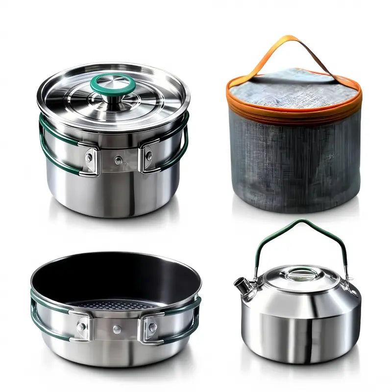 Compact Foldable Camping Cookware Set  Pan, Saucepan & Kettle