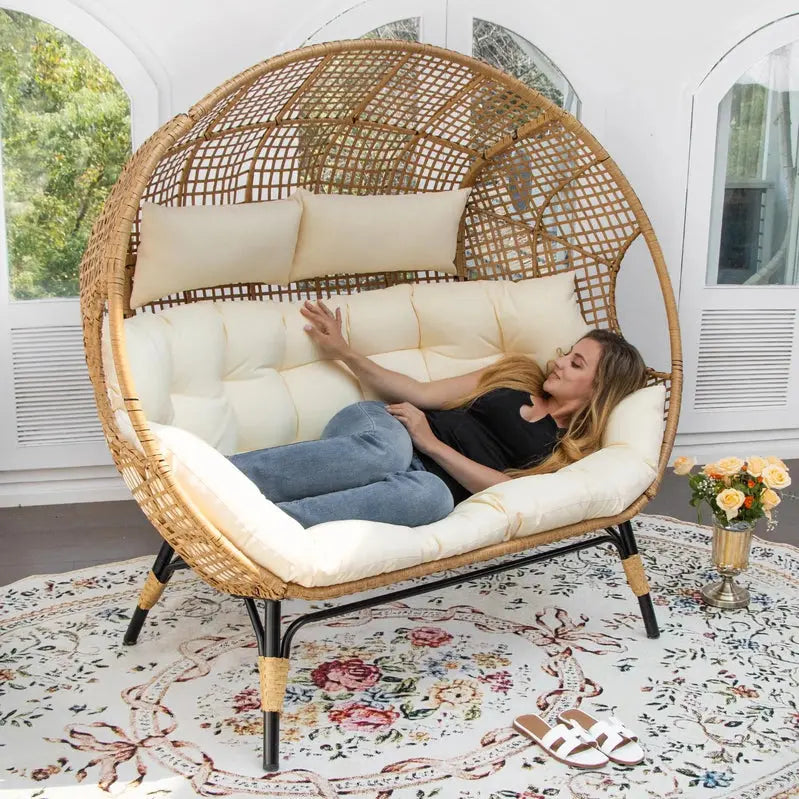 Two-Person Radiata Double Egg Chair – Oversized Wicker Loveseat with Extra-Thick Cushions & 680 lb Weight Capacity