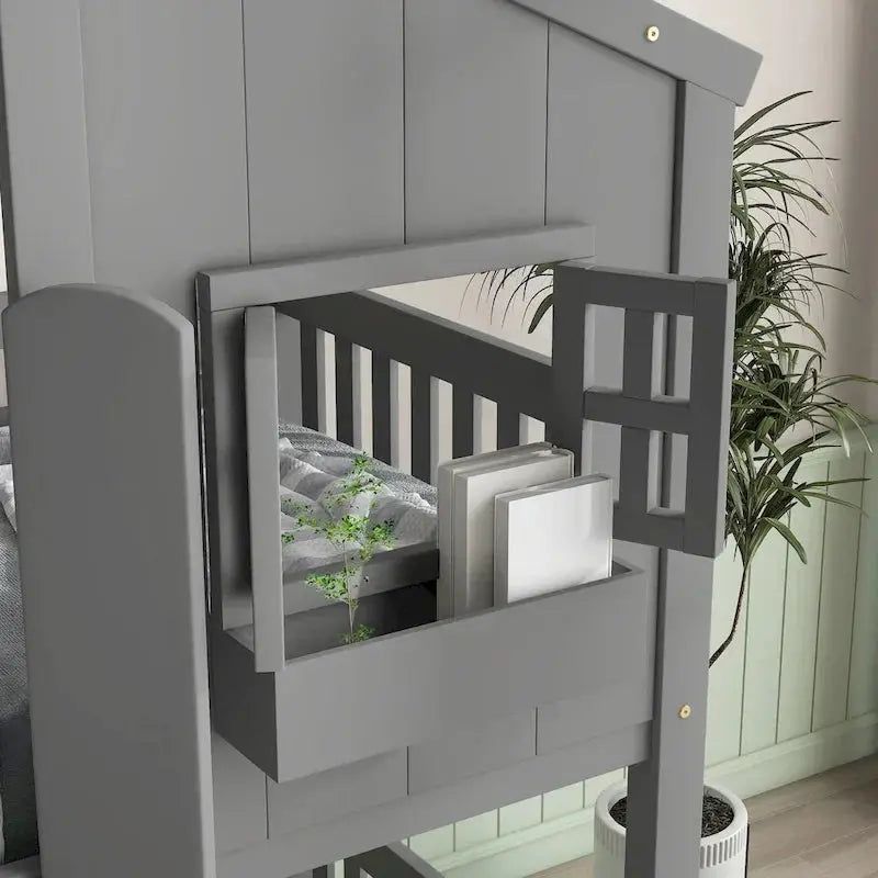 Twin-over-Twin Playhouse-Style Bunk Bed – Grey with Roof, Window & Safety Rails