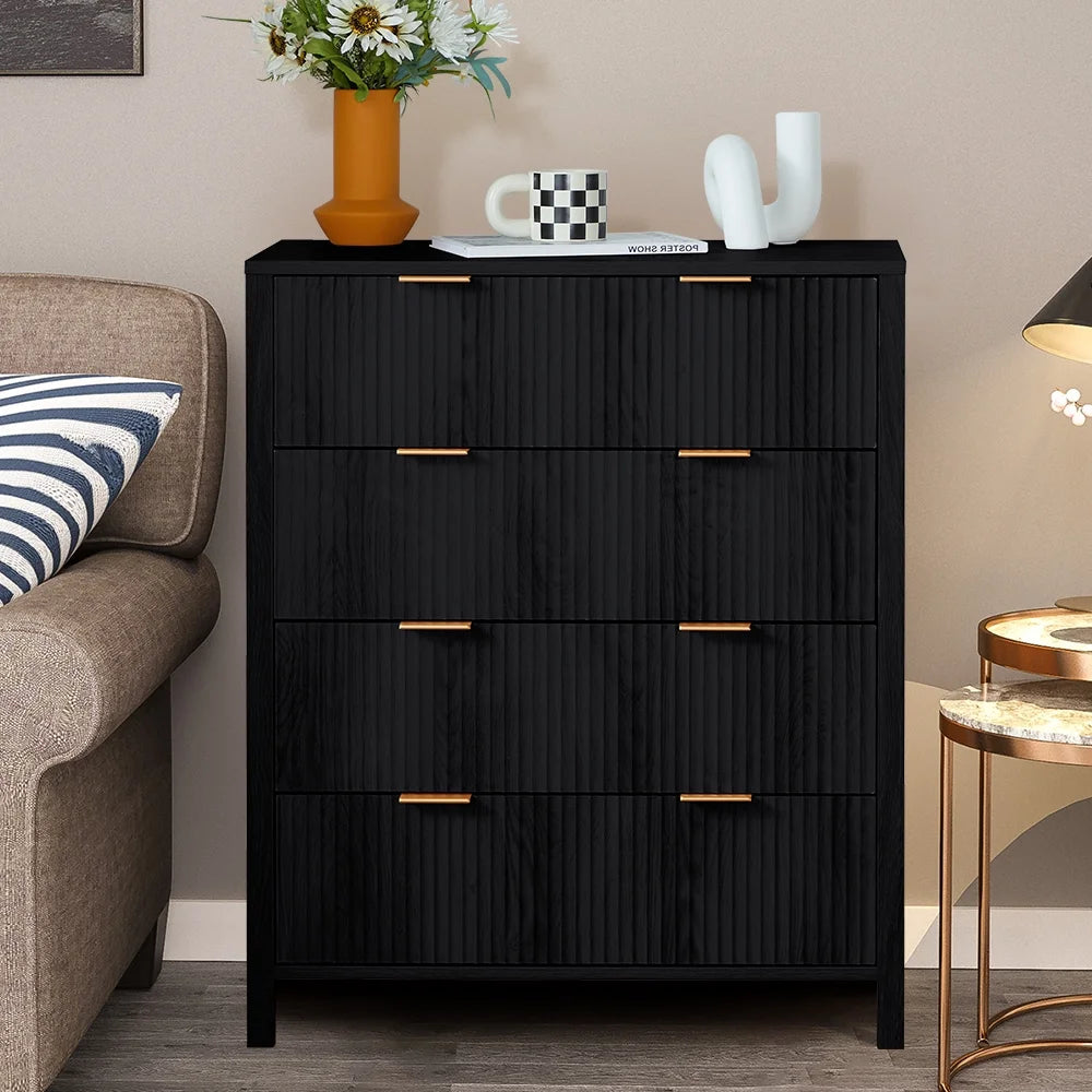 YOCWO Fluted Nightstand for Bedroom Set of 2, Wood Bedside Table Set of 2 with Drawers, Black