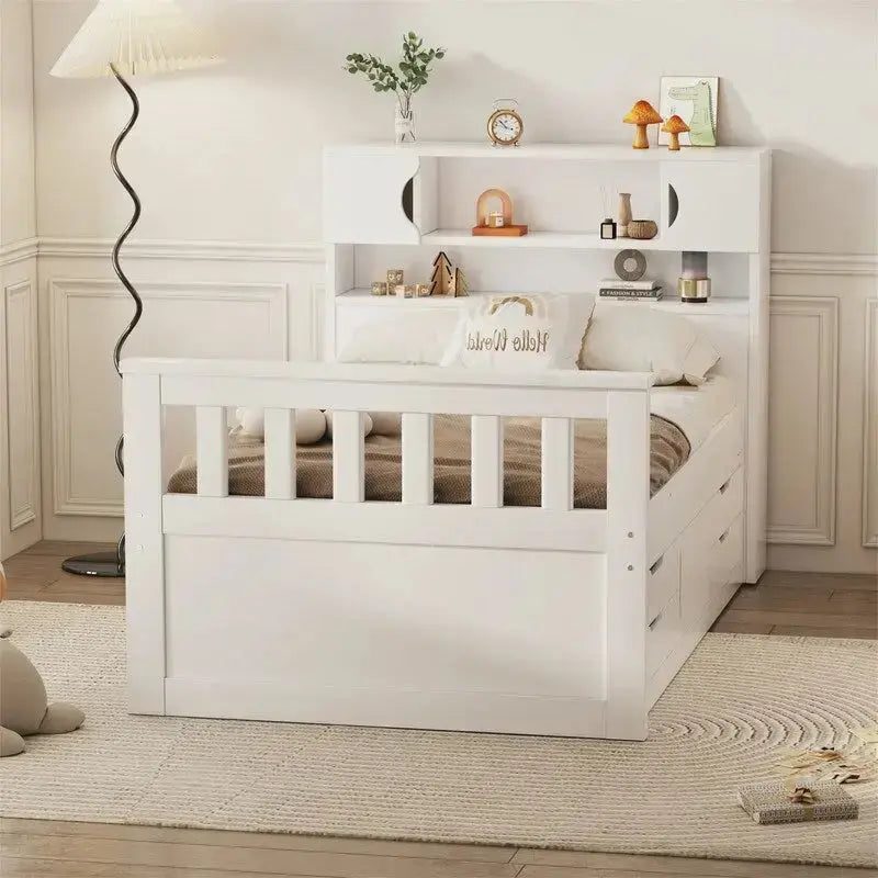Twin/Full Captain Bed with Storage – Solid Wood Platform Frame Featuring 4 Drawers & Bookcase Headboard