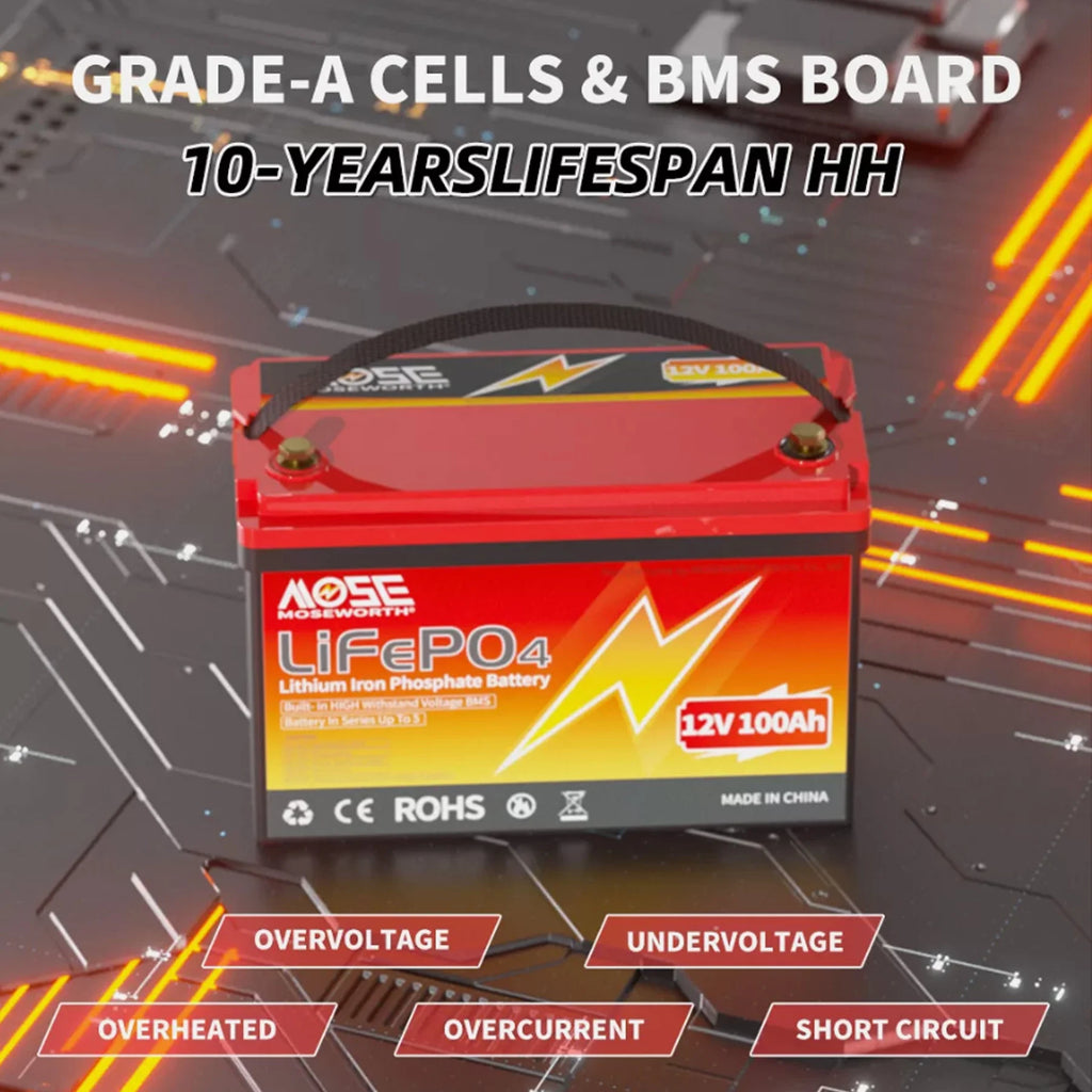 12V 100ah LiFePO4 Lithium Battery, MOSEWORTH RV, Solar, Trolling Motor, Camping, Marine, Off - Grid, Group 31 15000+Deep Cycles Battery, Low Temp Cut Off