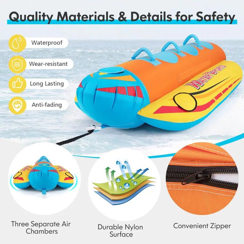Three-Passenger Banana Towable Tube – EVA-Padded Seats for Boating and Water Sports