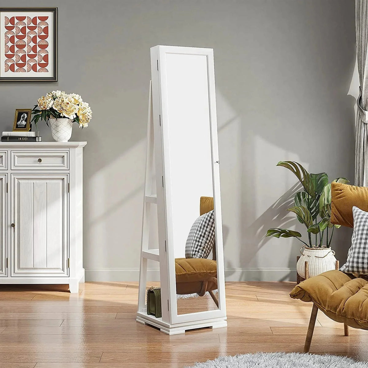 Dextrus 360° Swivel Jewelry Cabinet, Lockable Standing Jewelry Armoire with Full-Length Mirror, Rear Storage Shelves, White
