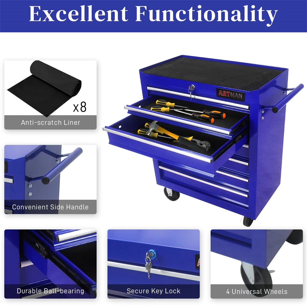 Aukfa Tool Chest, 24.5 in 7 - Drawer Steel Rolling Tool Box on Wheels for Workshop Garage, Red