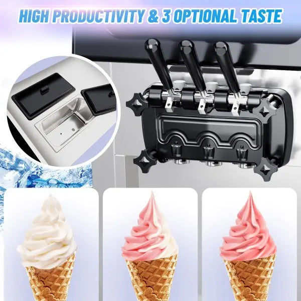 Commercial-Grade 2200W Triple-Flavor Soft Serve Ice Cream Machine  5.3 .4 Gal/Hr Output, LCD Touchscreen & Auto-Clean Function