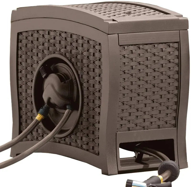 Suncast Aquawinder Hose Reel – Hands-Free, Water-Powered Retractable Reel in Wicker-Style Java Finish