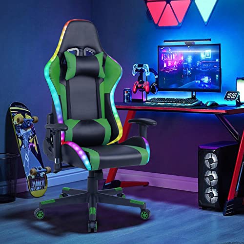 Gaming Chair with Speakers, Video Game Chair with RGB LED Lights, Footrest, Ergonomic Racing Computer Gaming Recliner Chair Swivel E-Sports Chair with Lumbar Support Headrest Armrest, Black