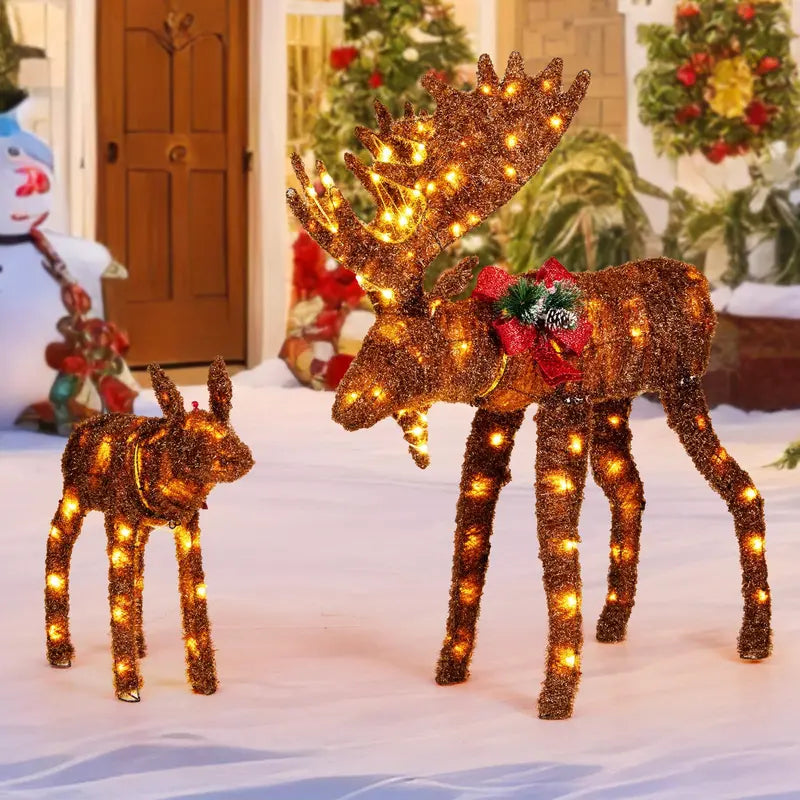 Two-Light-Up Christmas Moose Figures — Family-Themed Deer Decor with 170 Warm White LEDs