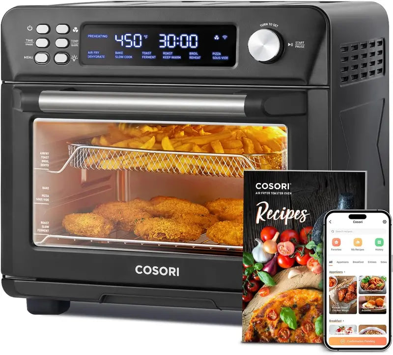 COSORI Smart 12-in-1 Air Fryer Toaster Oven  26-Quart Silver-Stainless Countertop Oven with 75 Recipes and Accessories