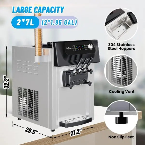 Commercial-Grade 2200W Triple-Flavor Soft Serve Ice Cream Machine  5.3 .4 Gal/Hr Output, LCD Touchscreen & Auto-Clean Function