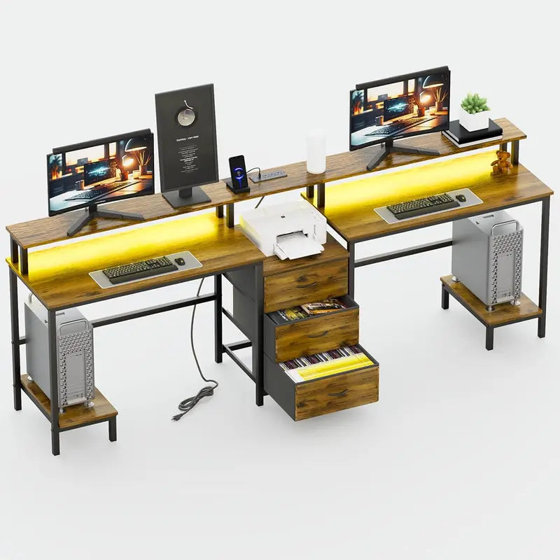 Dual-User LED Desk with Charging Station  Long Study Table Featuring Dual Monitor Riser, USB Ports, Outlets & Storage Drawers