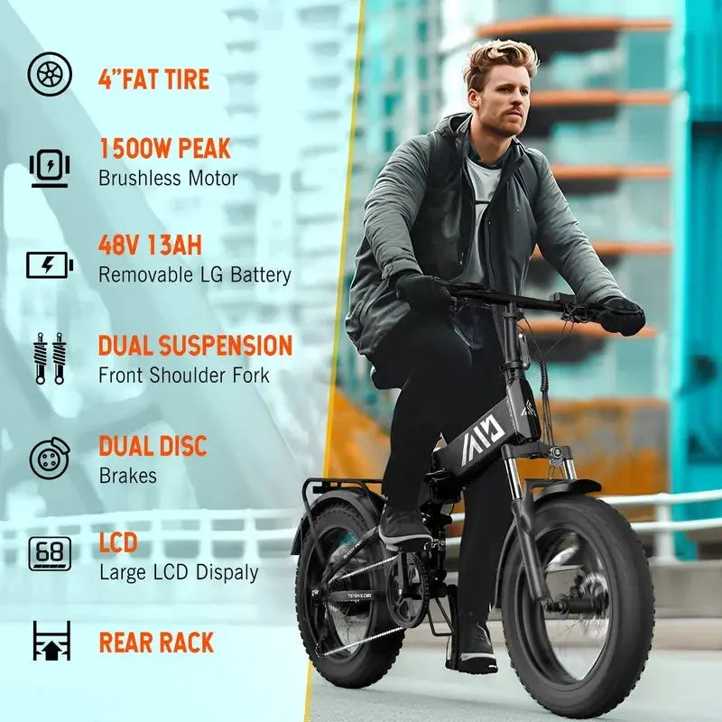 TST Buddy Pro 750W Foldable Electric Bike, 20″ Fat Tire, 48V 13Ah Battery, Dual Suspension, LCD Display, Black