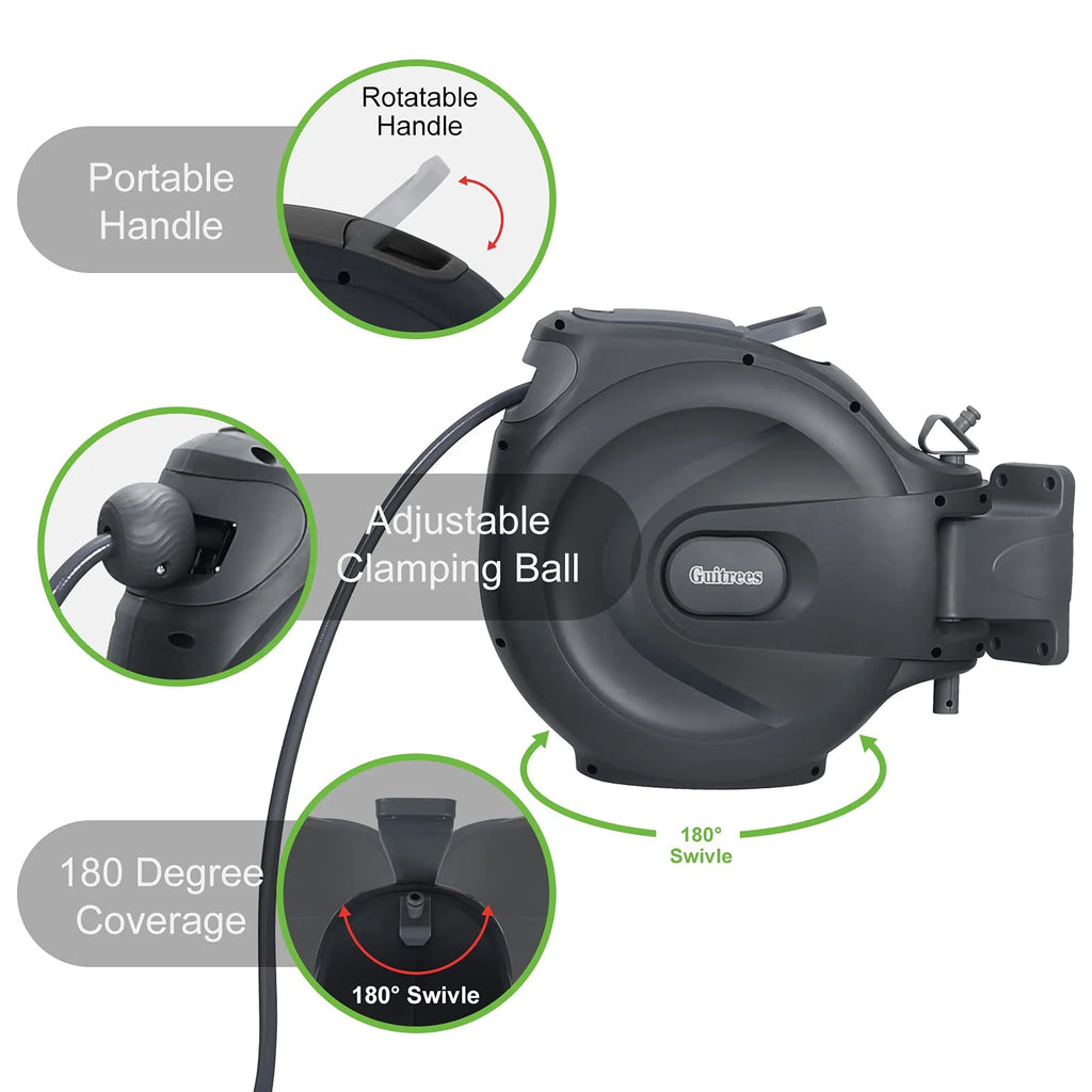 Guitrees Retractable Garden Hose Reel 1/2u201d 115FT+6FT With Cover, Slow Return System, Any Length Lock, Wall Mounted, 9 Function Nozzle and 180u00b0Swivel Bracket (Grey)