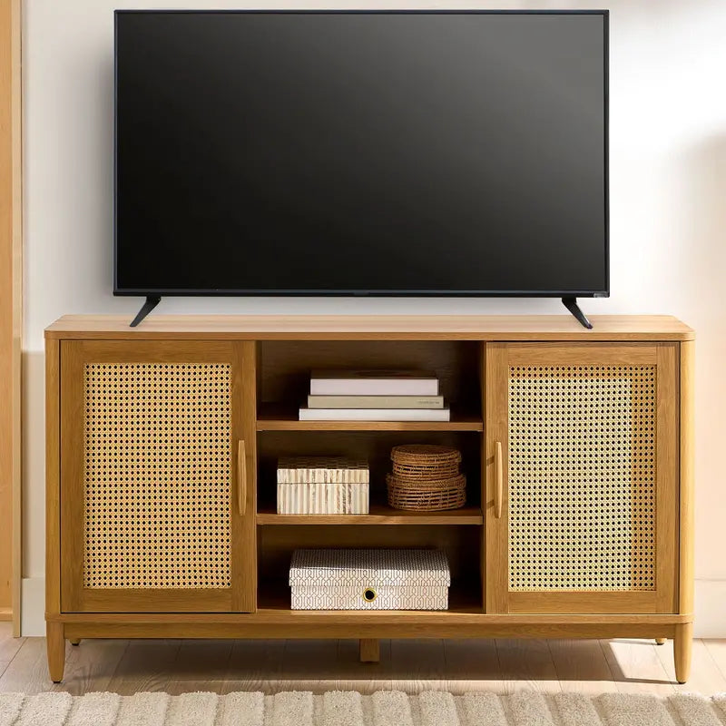 Springwood Cane TV Stand for 65″ TVs, Light Honey Finish