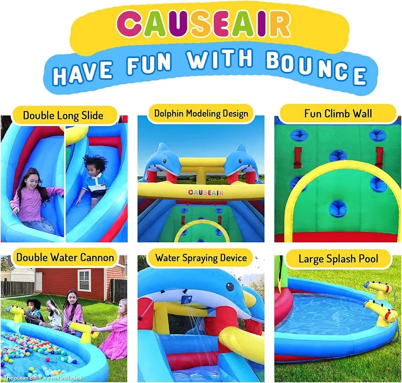 Dolphin Inflatable Water Slide & Bounce House with Double Cannons & Climbing Wall  Kids Backyard Water Park