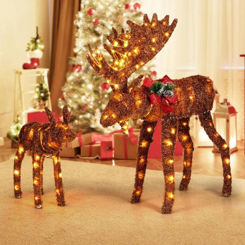 Two-Light-Up Christmas Moose Figures — Family-Themed Deer Decor with 170 Warm White LEDs