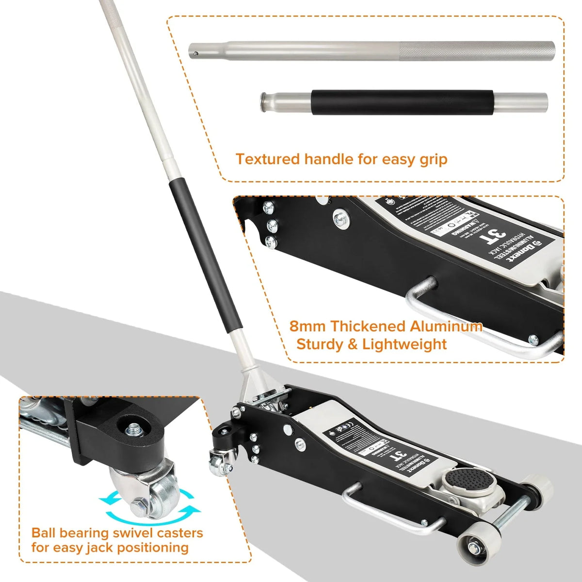 Donext 3 Ton Low Profile Racing Floor Jack - Aluminum and Steel Construction, Dual Pistons Quick Lift Pump, Lifting Range 3.54"-19.69"