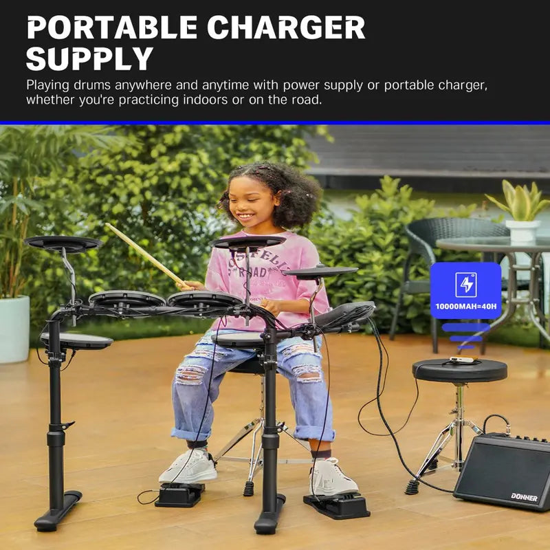 Donner DED-70 Kids Electric Drum Set, 68+ Sounds, Quiet Mesh Pads, Beginner-Friendly, Portable, Includes Drum Sticks & Headphones